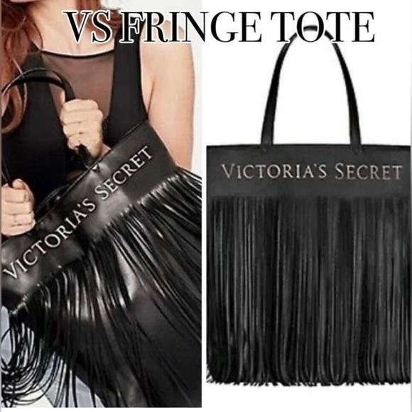 Victoria's Secret Limited Edition Black Faux Leather Bag with Tassels - 17" x16" - Picture 1 of 14